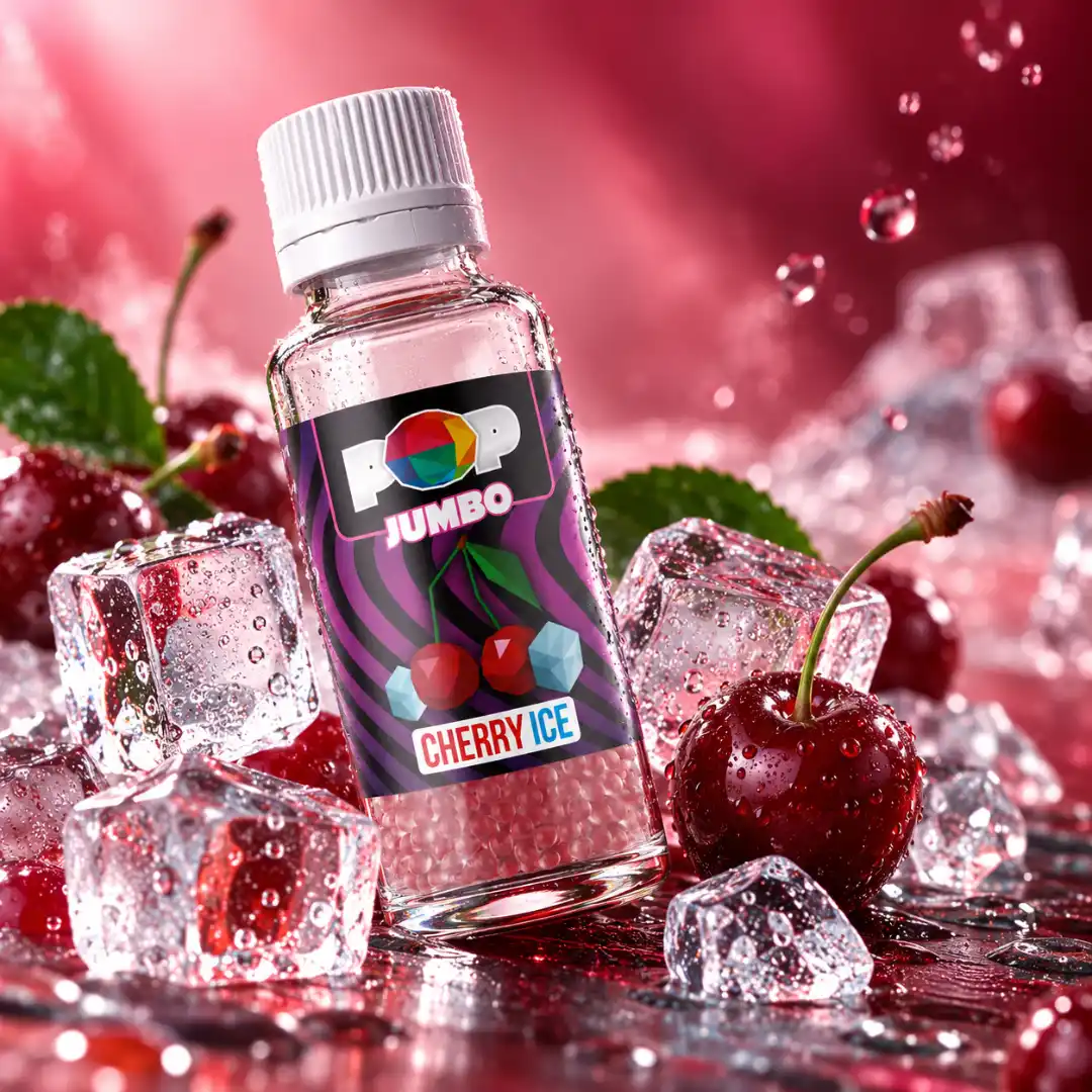 Sticlă POP Capsule Cherry Ice, bilute aromatizate cu aromă de cireșe și efect răcoritor, alături de cireșe proaspete
