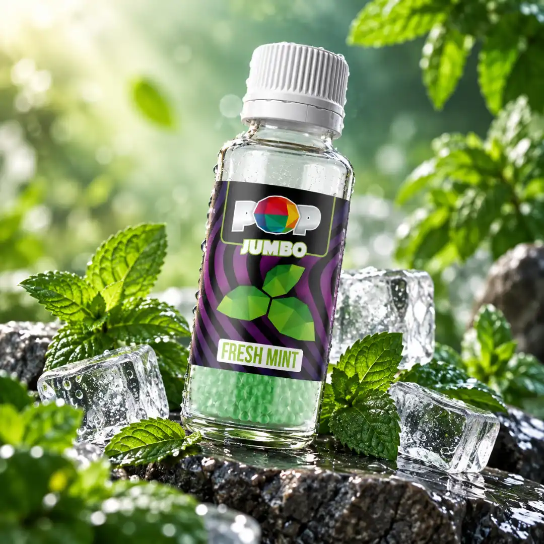 Sticlă POP Capsule Fresh Mint, bile aromatizante pentru țigări cu aromă de mentă proaspătă, alături de frunze de mentă