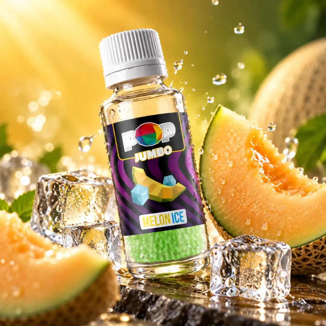 Sticlă POP Capsule Melon Ice, bilute aromatizate cu aromă de pepene galben răcoritor, alături de felii de pepene