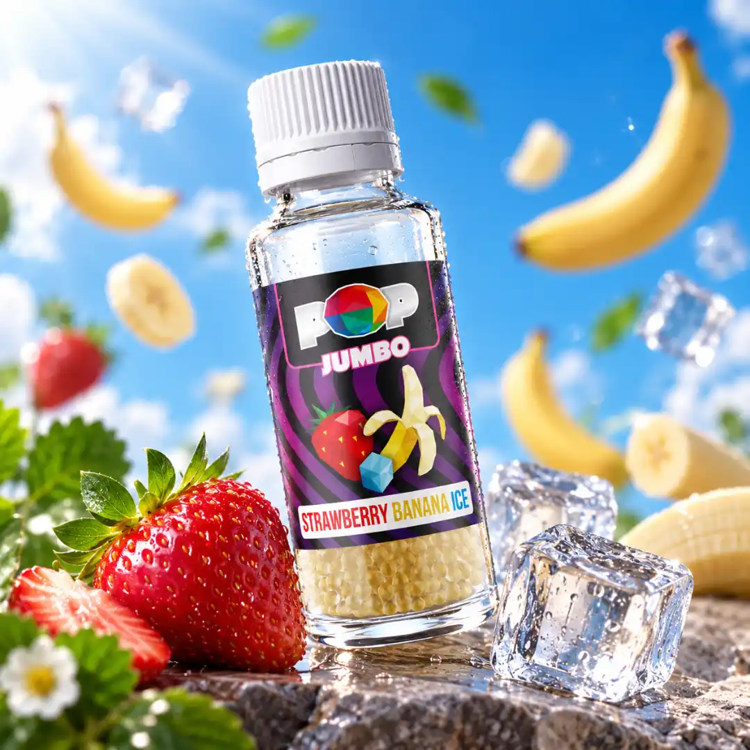 Sticlă POP Capsule Strawberry Banana Ice, bile aromatizante pentru țigări cu aromă de căpșuni și banane, alături de fructe proaspete
