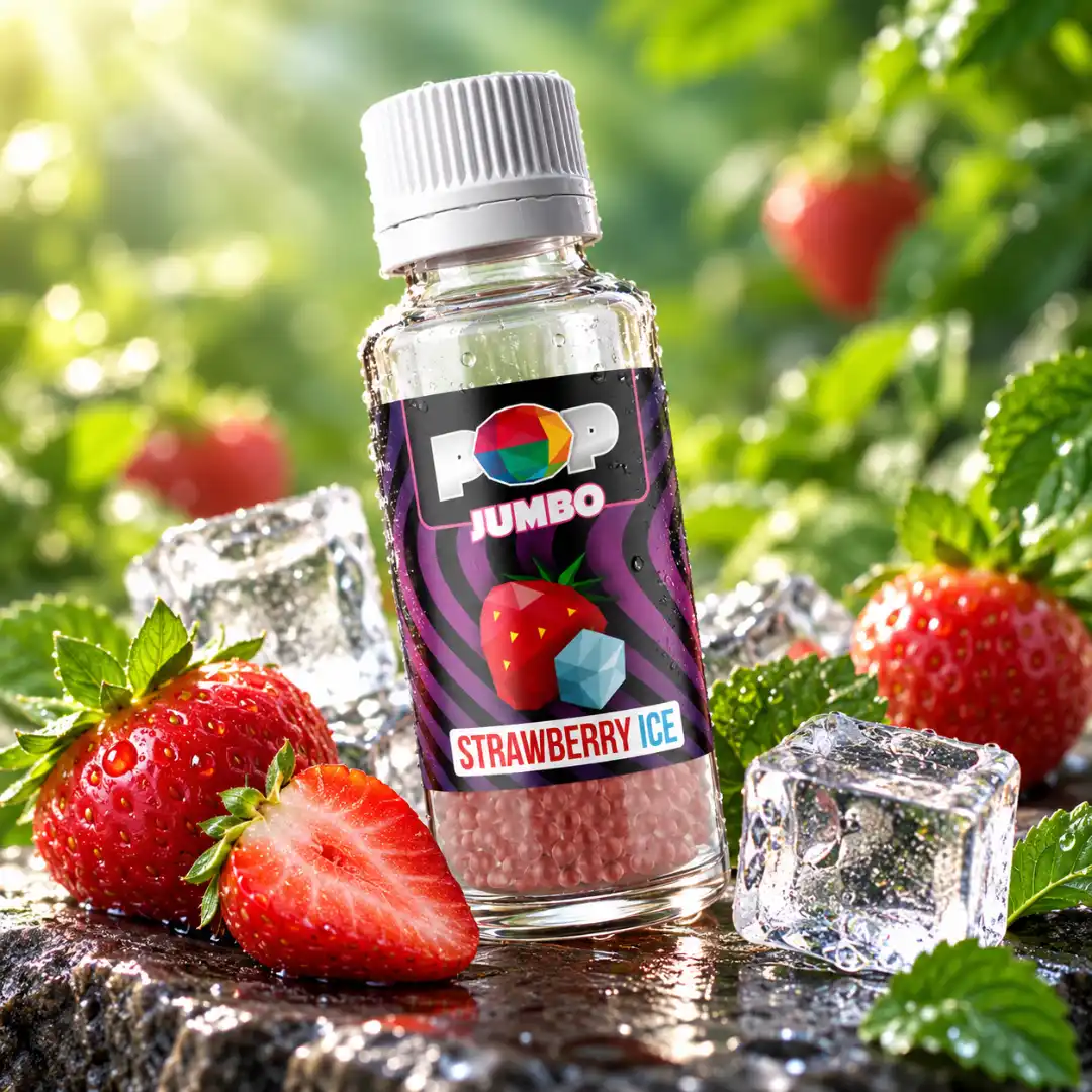 Sticlă POP Capsule Strawberry Ice, bile aromatizante pentru țigări cu aromă de căpșuni și efect răcoritor, alături de căpșuni