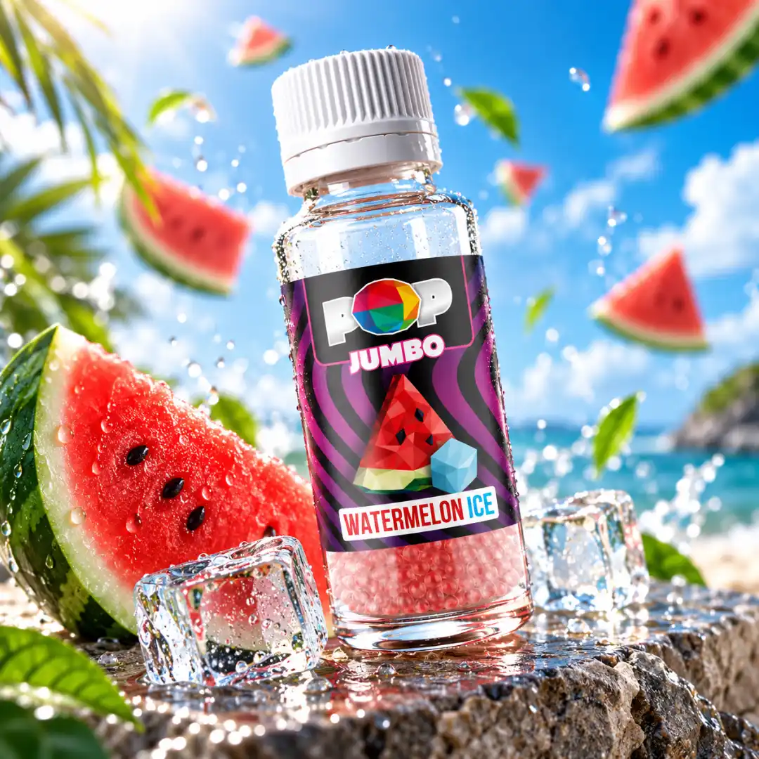 Sticlă POP Capsule Watermelon Ice, bilute aromatizate cu aromă de pepene roșu răcoritor, alături de felii de pepene