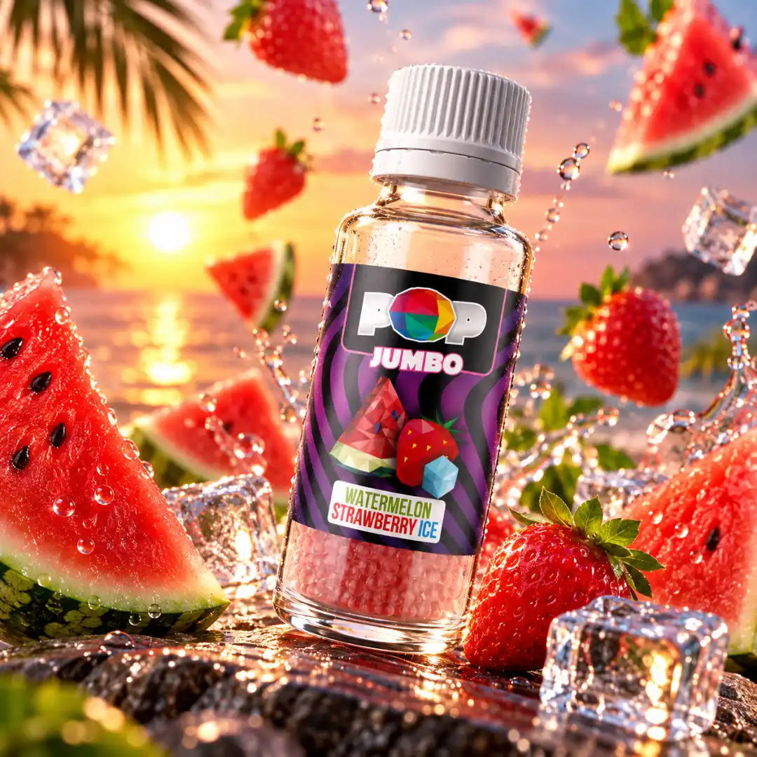 Sticlă POP Capsule Watermelon Strawberry Ice, bilute aromatizate cu aromă de pepene roșu și căpșuni, alături de fructe proaspete